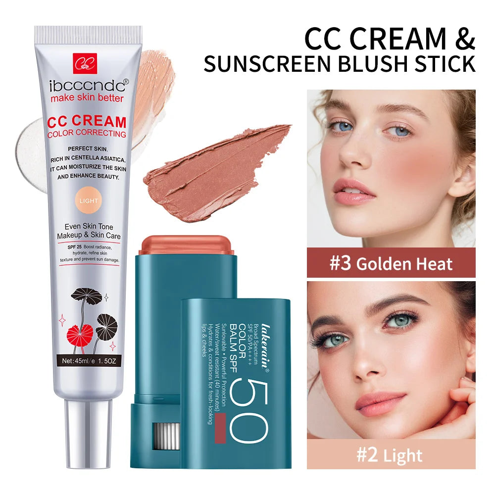 Color Correcting CC Cream and Sunscreen Blush Stick Set for Daily Face Makeup Routine
