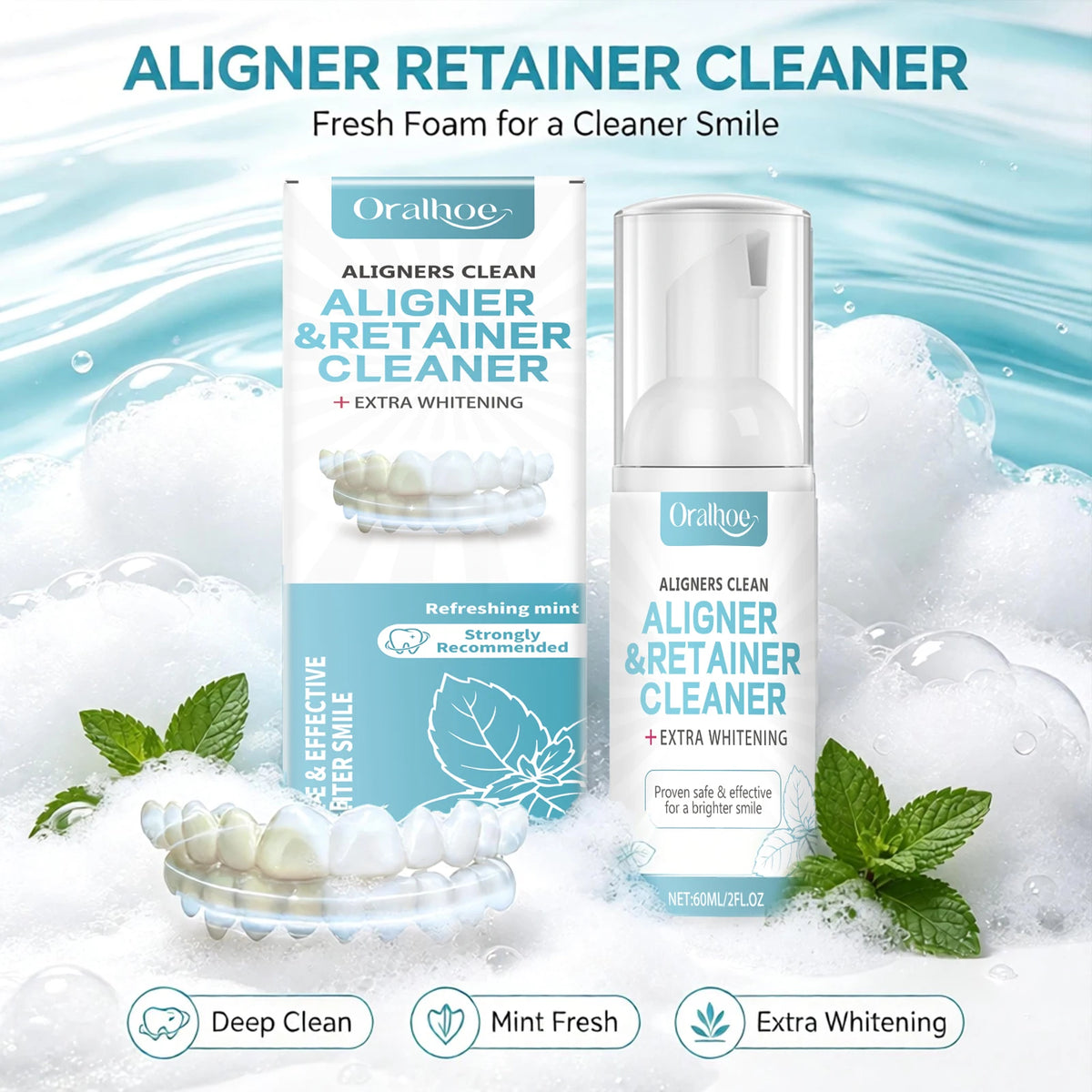 Aligner and Retainer Cleaner Foam Mousse for Fresh Breath and Whitening for Daily Dental Care