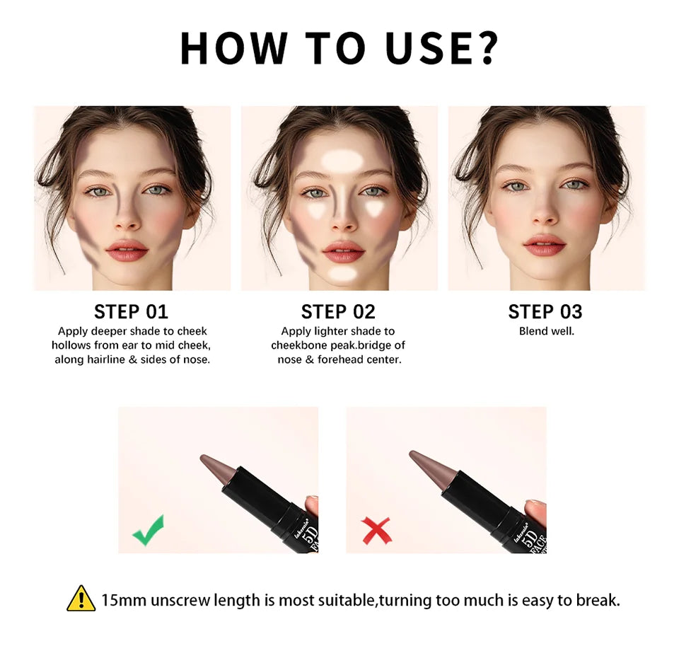 Dual Ended Face Contour Stick Highlighter Waterproof Makeup for Sculpting and Daily Beauty