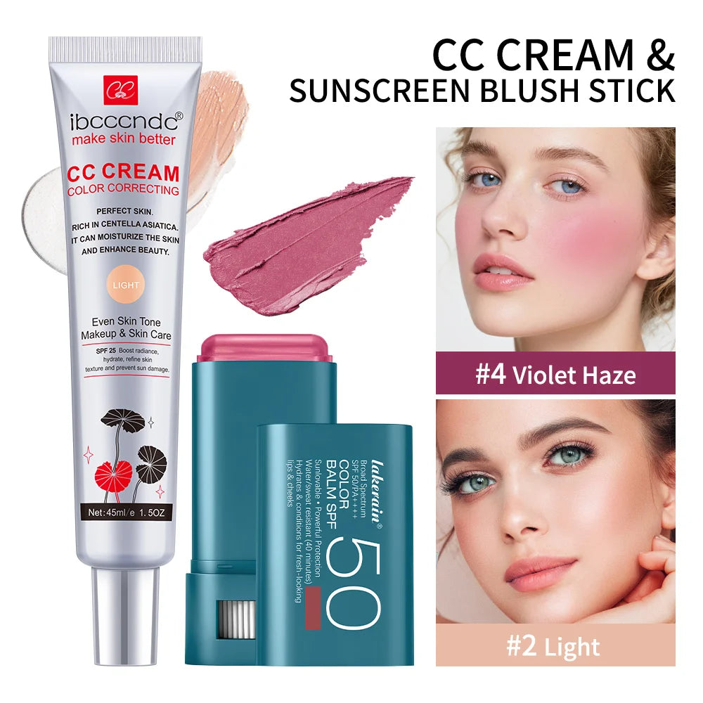 Color Correcting CC Cream and Sunscreen Blush Stick Set for Daily Face Makeup Routine
