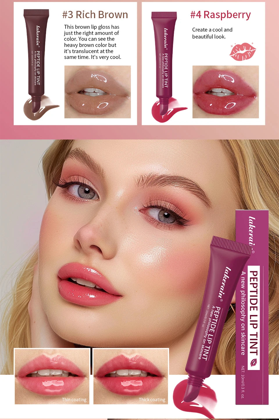 Peptide Lip Tint Moisturizing Gloss with Silky Smooth Texture for Daily Use and Care