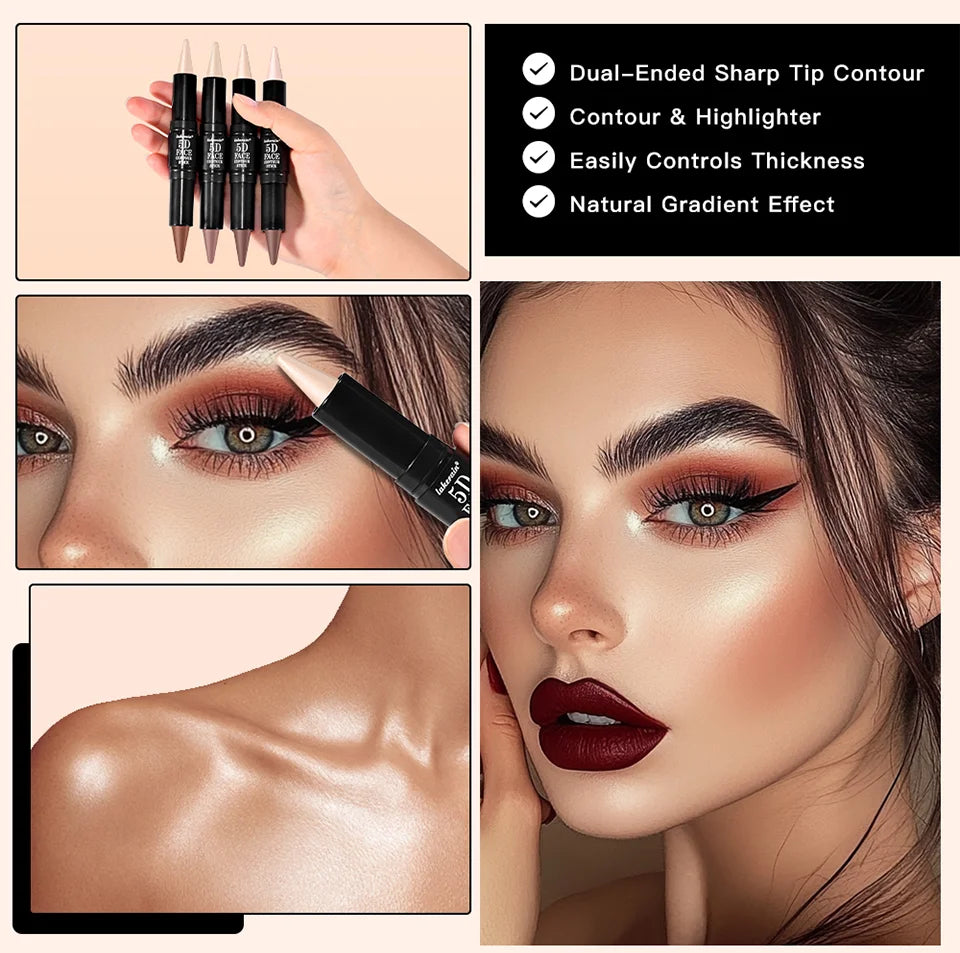 Dual Ended Face Contour Stick Highlighter Waterproof Makeup for Sculpting and Daily Beauty