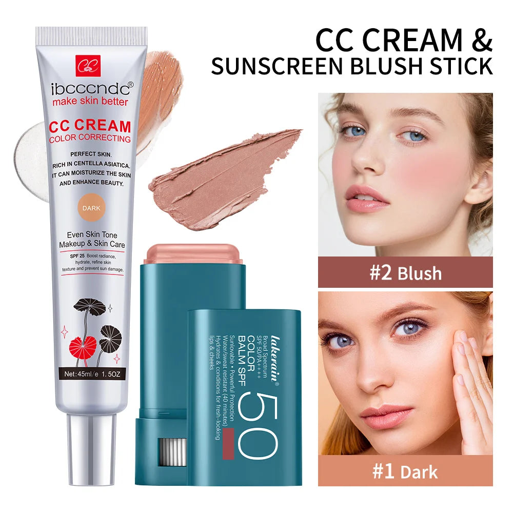 Color Correcting CC Cream and Sunscreen Blush Stick Set for Daily Face Makeup Routine