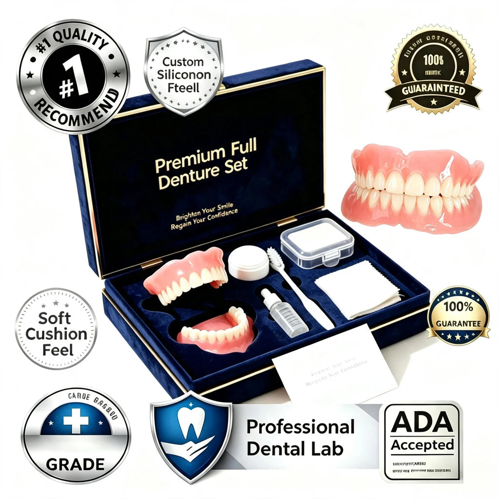 Full Mouth Denture Set Comfortable Silicone Teeth with Cleaning Tools for Daily Dental Hygiene