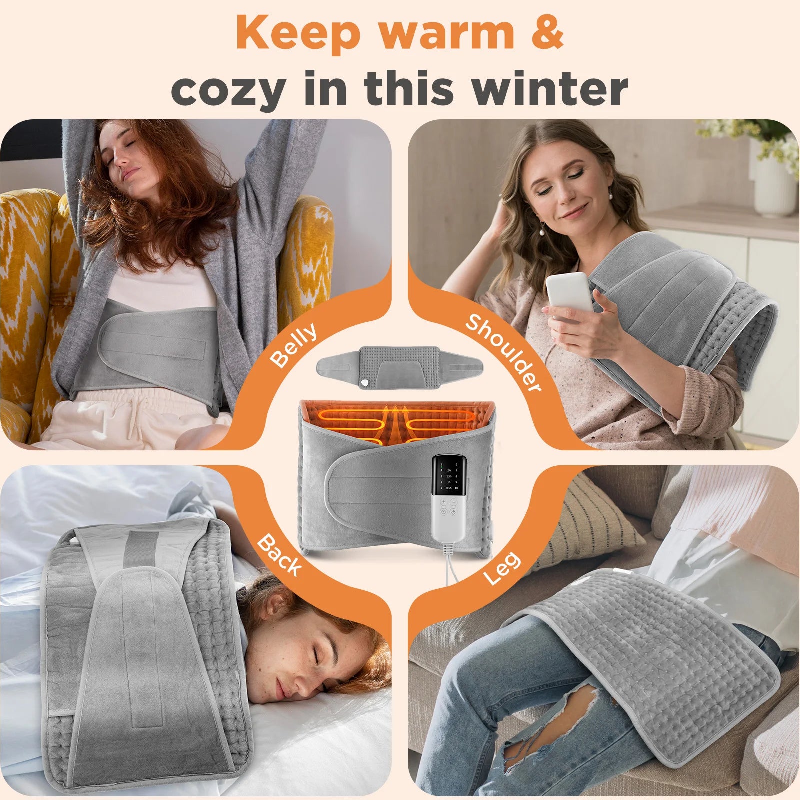 Electric Heating Pad with Hand Pockets Adjustable Warm Wrap for Waist Back at Home - 5