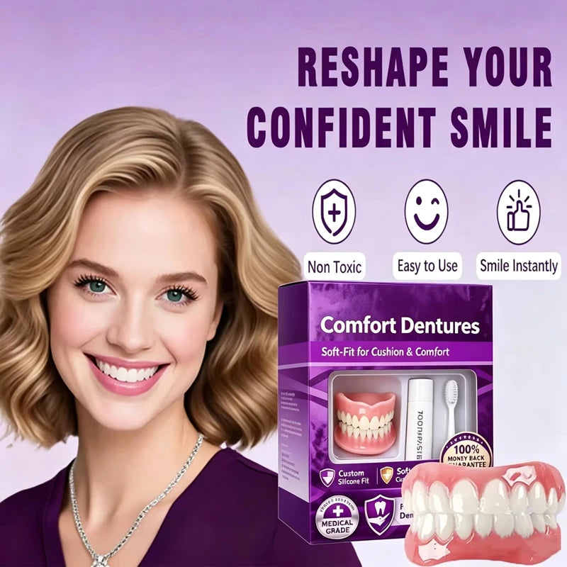 Silicone Dentures Full Set Instant Smile Cosmetic Teeth for Adults at Home or Daily Use