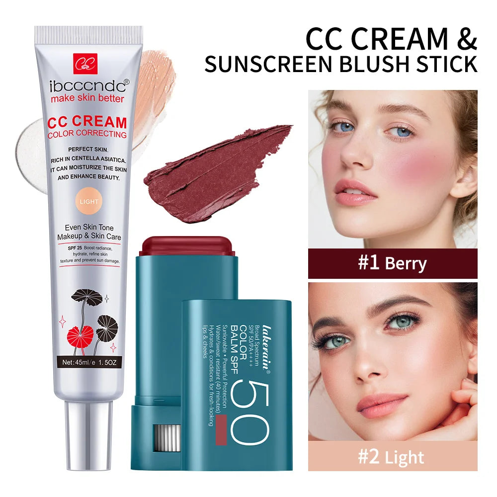Color Correcting CC Cream and Sunscreen Blush Stick Set for Daily Face Makeup Routine