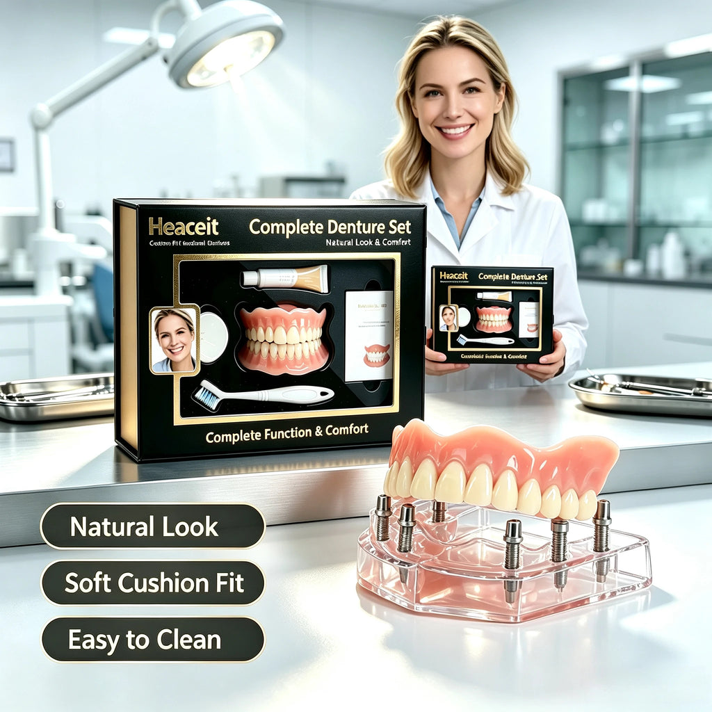 Silicone Full Denture Set Cosmetic Natural Look Comfortable Fit for Adults Daily Oral Care