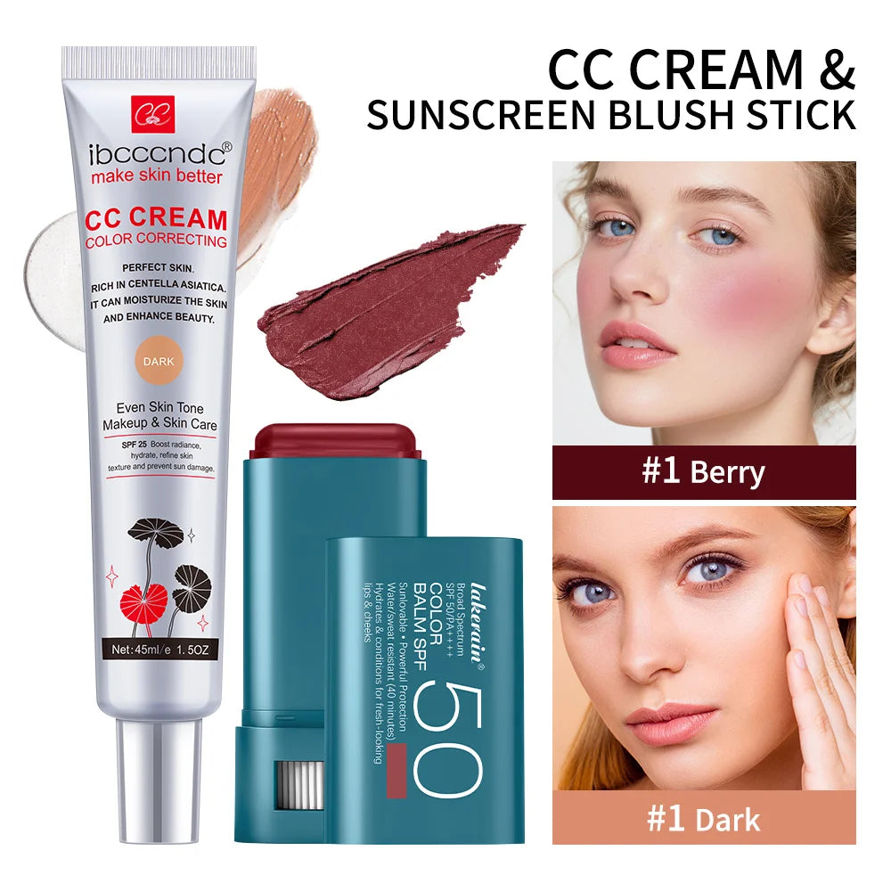 Color Correcting CC Cream and Sunscreen Blush Stick Set for Daily Face Makeup Routine