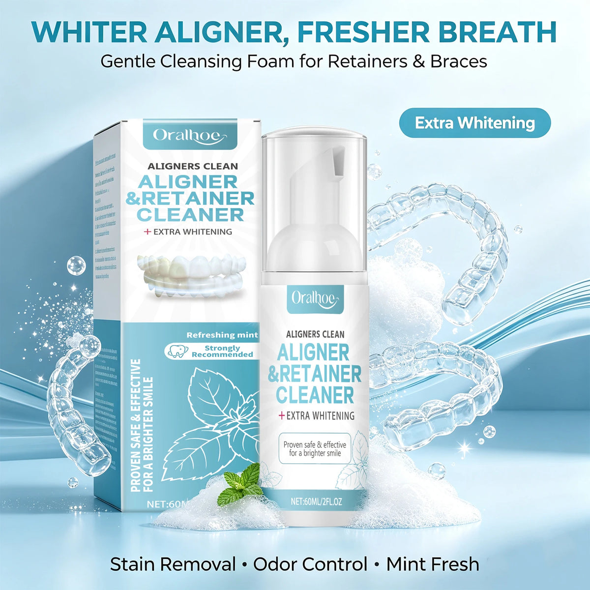 Aligner and Retainer Cleaner Foam Mousse for Fresh Breath and Whitening for Daily Dental Care
