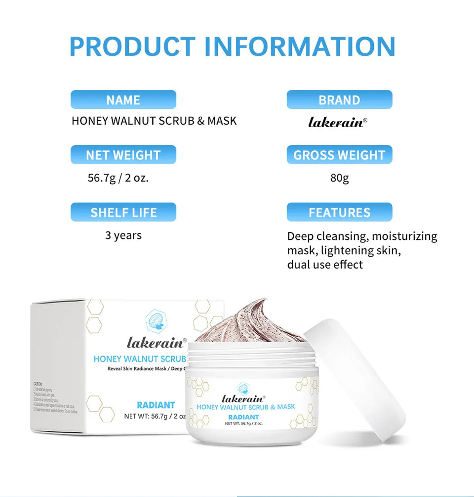 Honey Walnut Facial Scrub and Mask Deep Cleansing Exfoliating Treatment for Radiant Skin Care