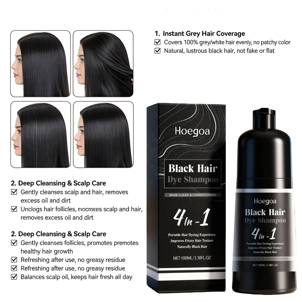 Black Hair Dye Shampoo Natural Gray Coverage for Men and Women at Home Daily Care Routine