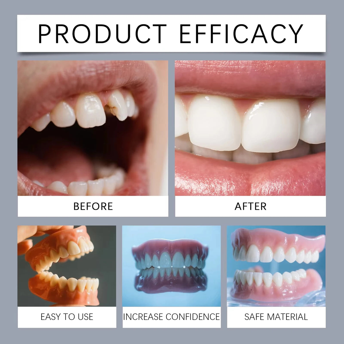 Silicone Dentures Natural Fake Teeth Soft Comfort Fit for Adults Daily Oral Beauty Use