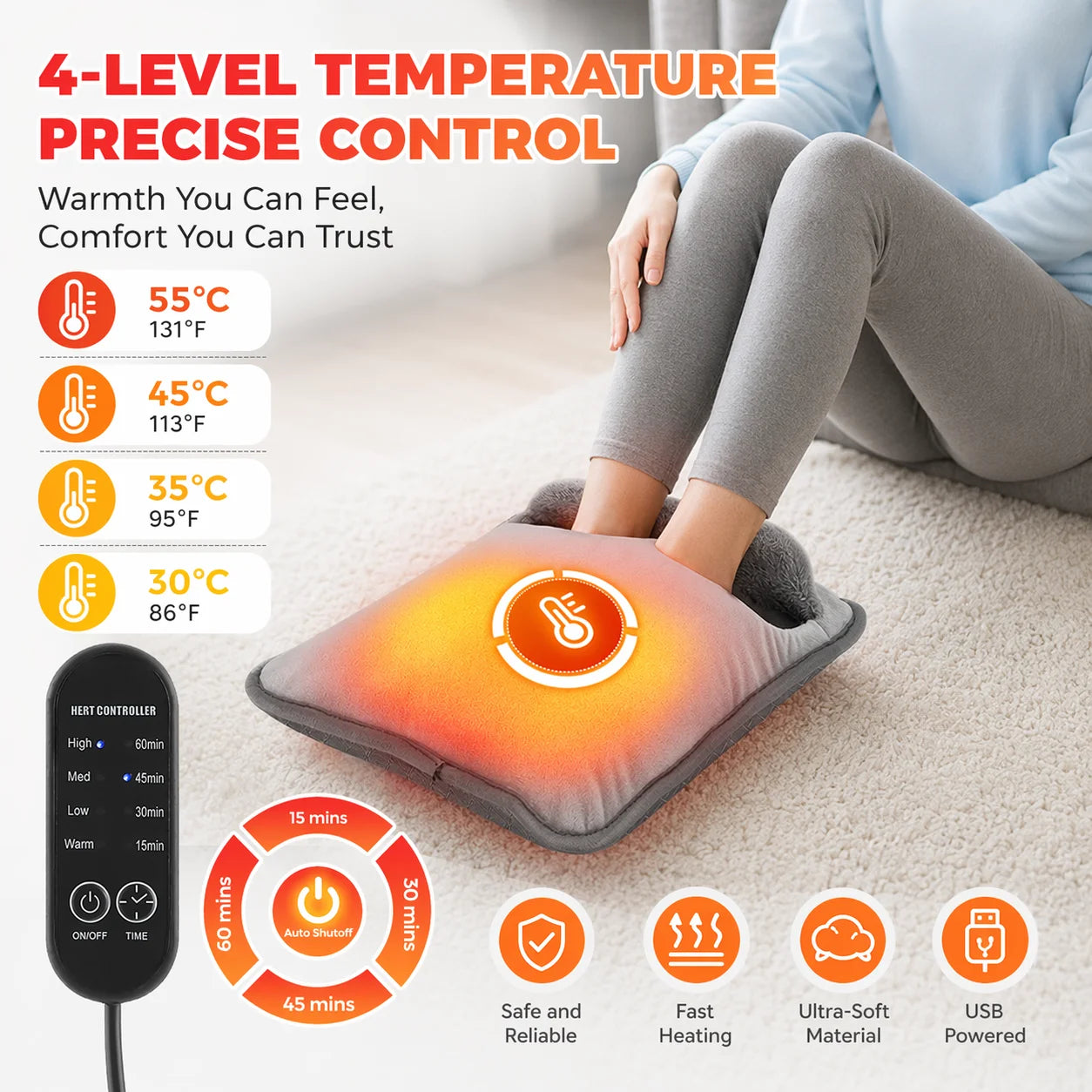 Electric Foot Warmer with 4 Heat Settings and Timer for Office and Home Use - 1