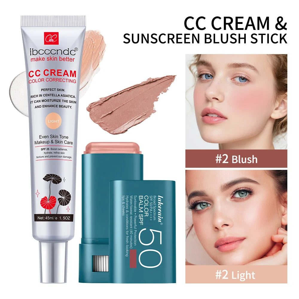 Color Correcting CC Cream and Sunscreen Blush Stick Set for Daily Face Makeup Routine