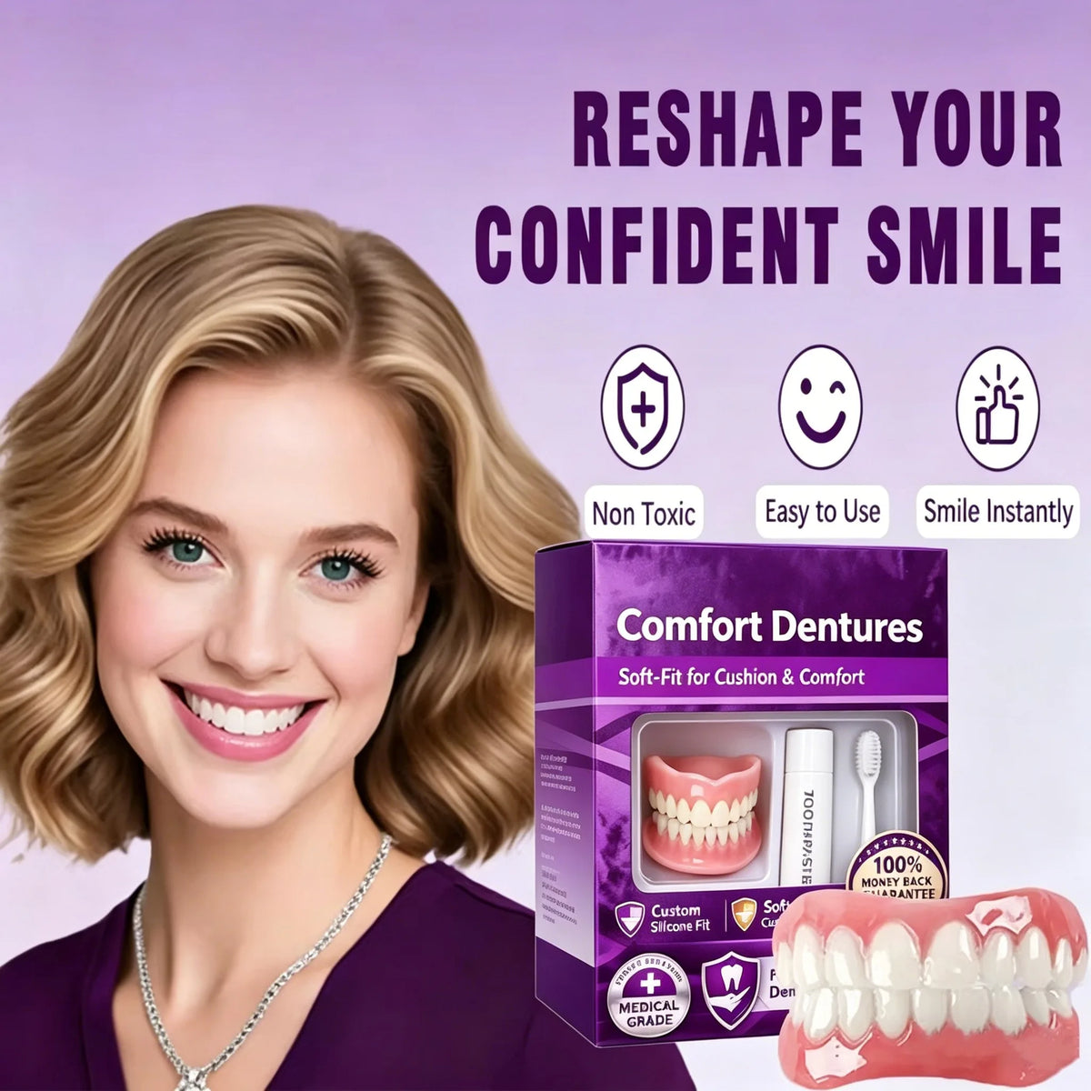 Silicone Dentures Natural Fake Teeth Soft Comfort Fit for Adults Looking for Instant Smiles