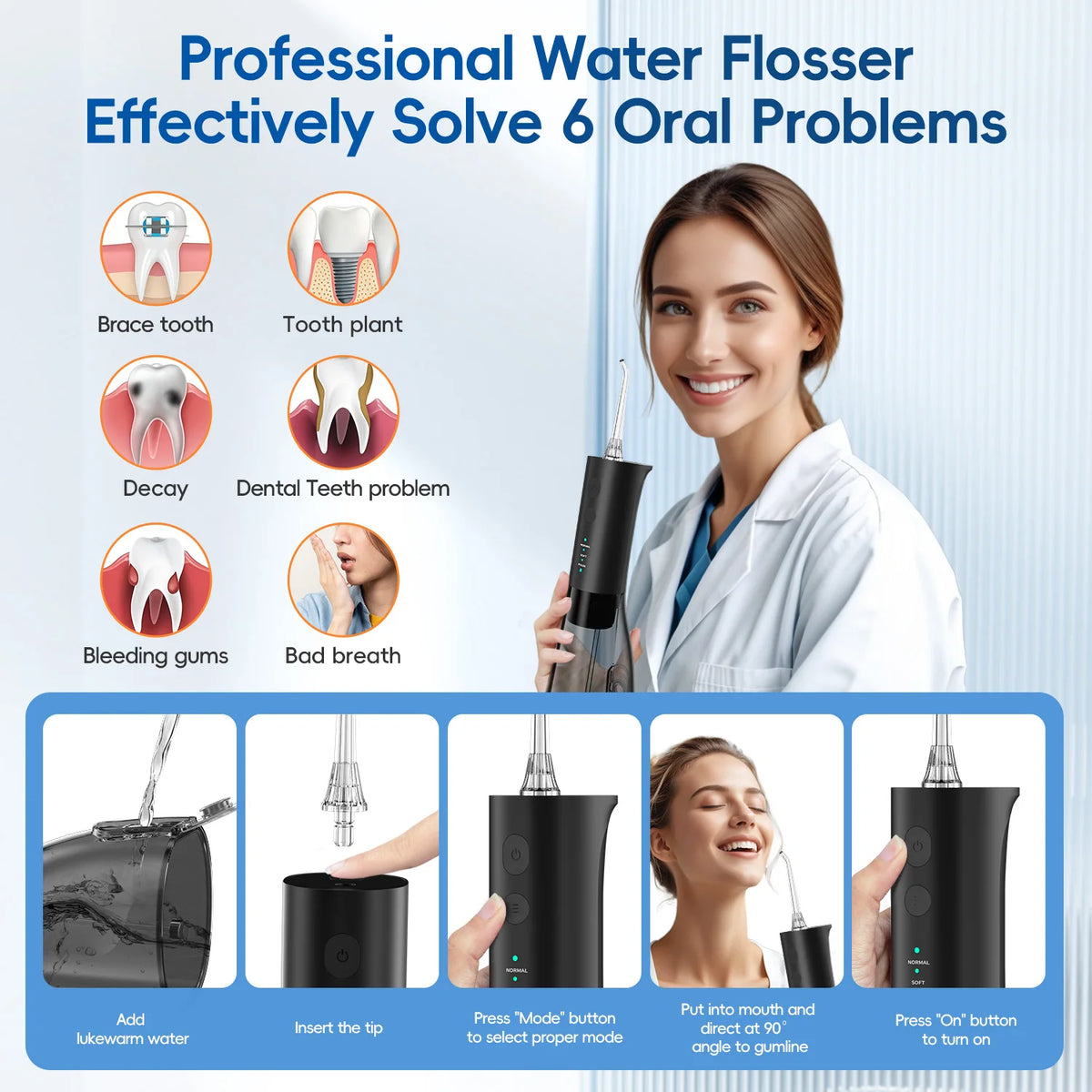 Portable Oral Water Flosser Rechargeable Dental Jet Pick for Teeth Cleaning at Home