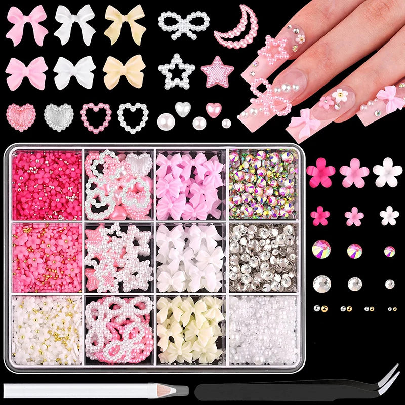 Acrylic Nail Art Charms with Bowknot Flowers for Manicure Design at Home Professional Salon