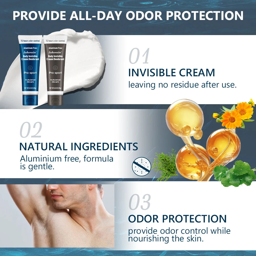 Body Deodorant Cream Long Lasting Odor Protection for Men Daily Use and Active Sport Travel