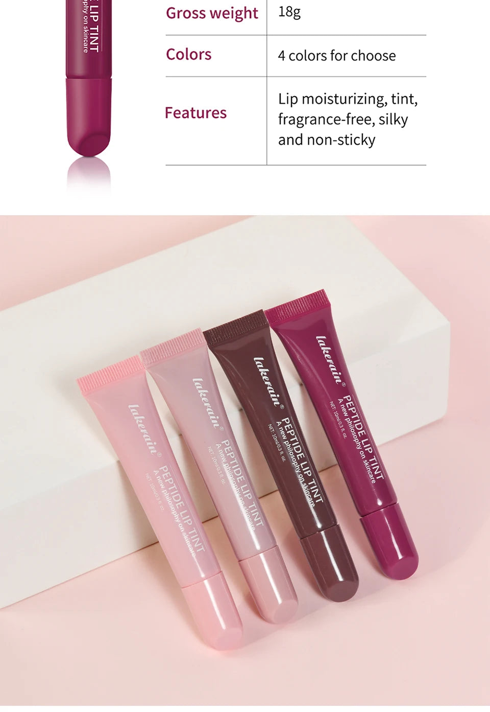 Peptide Lip Tint Moisturizing Gloss with Silky Smooth Texture for Daily Use and Care