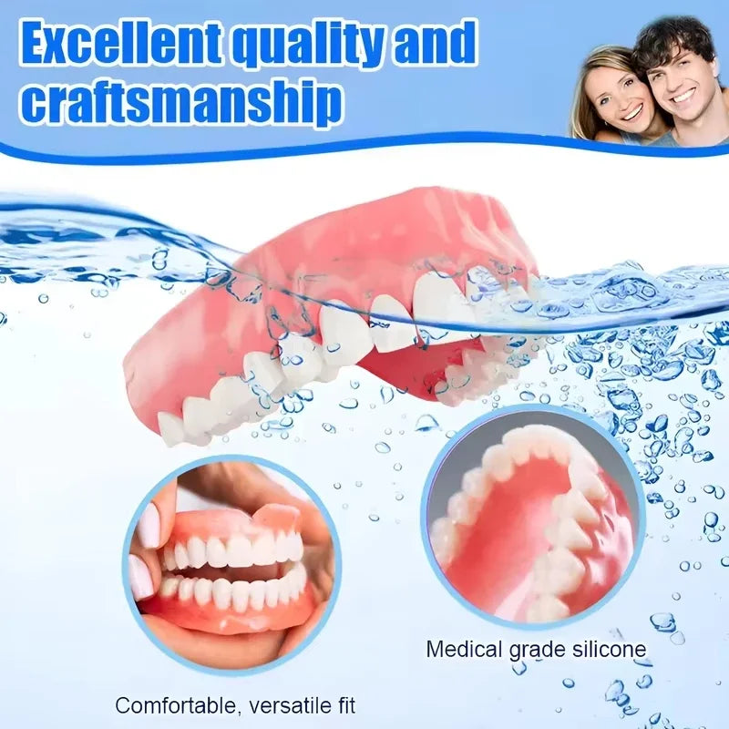 Full Mouth Denture Set Comfortable Silicone Teeth with Cleaning Tools for Daily Dental Hygiene