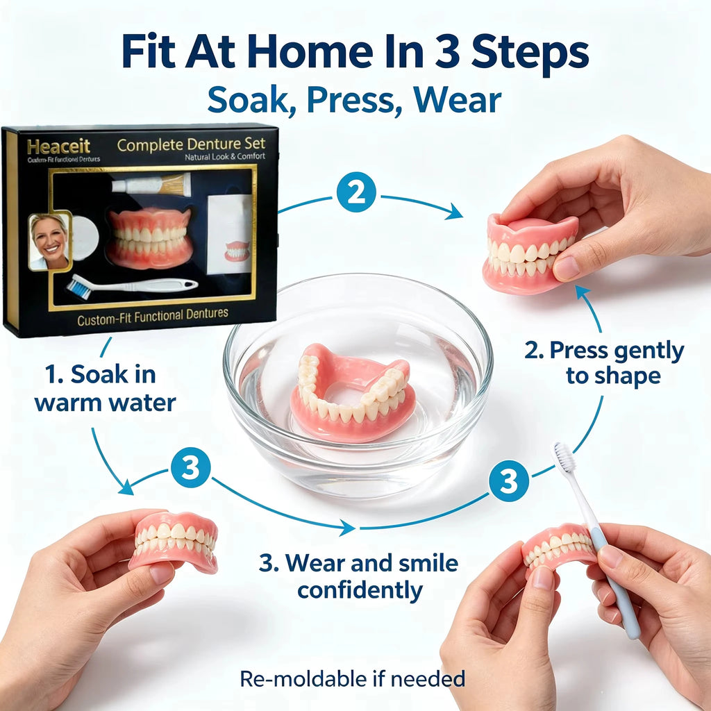 Silicone Full Denture Set Cosmetic Natural Look Comfortable Fit for Adults Daily Oral Care