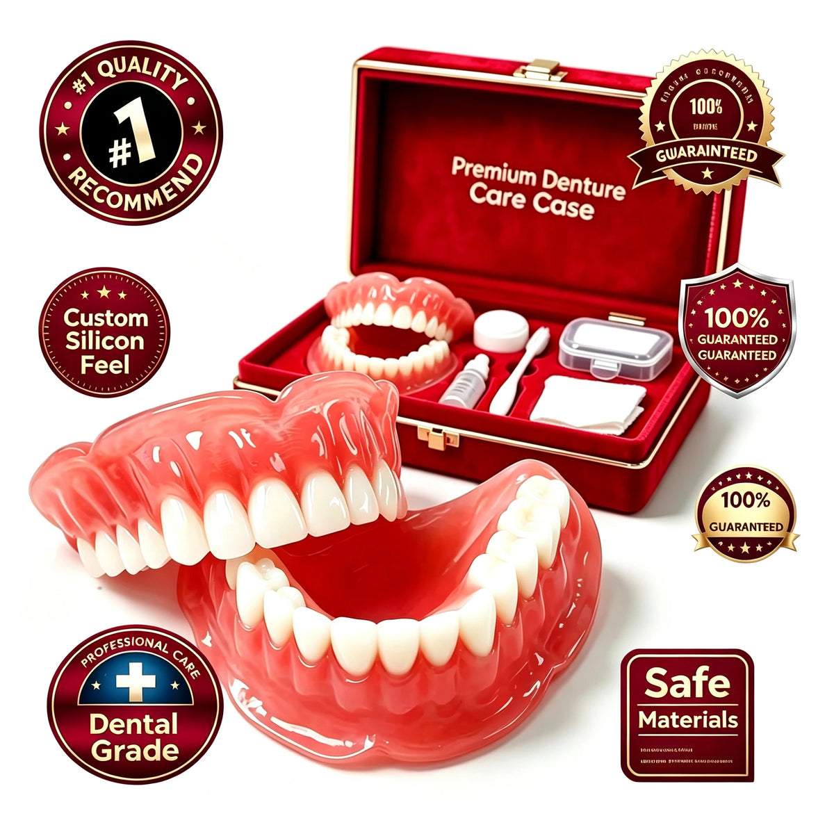 Comfort Silicone Dentures Set with Care Case for Adults at Home for Daily Dental Hygiene