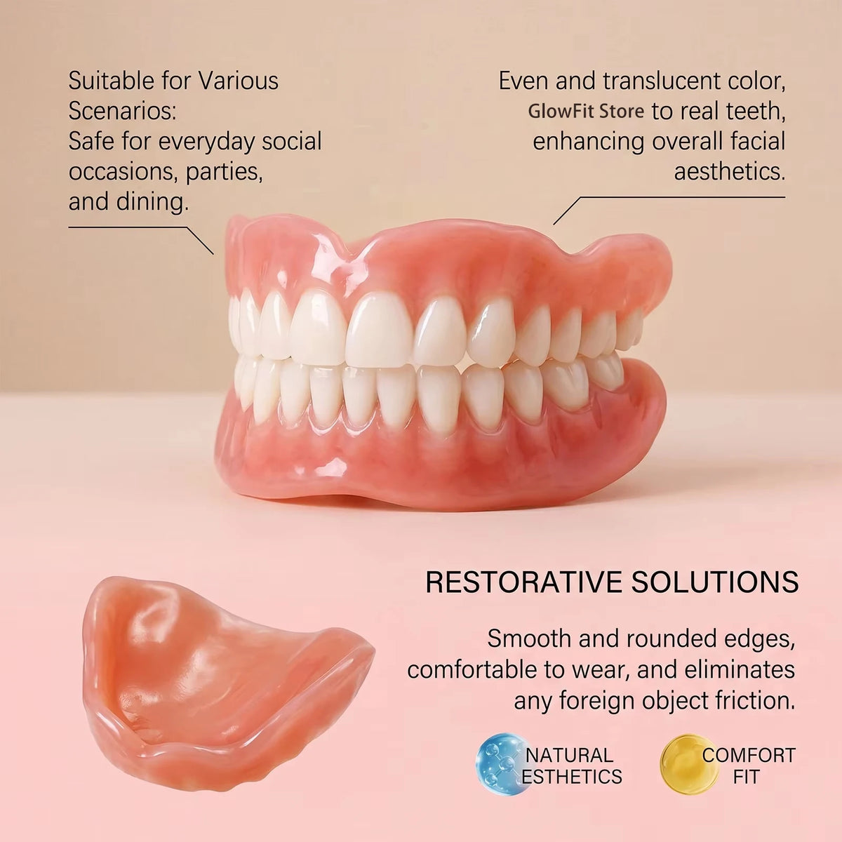 Silicone Full Denture Set Cosmetic Natural Look Comfortable Fit for Adults Daily Oral Care