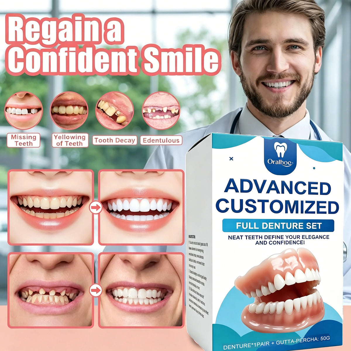 Realistic Full Denture Set Comfortable False Teeth for Men and Women for Natural Confident Smiles