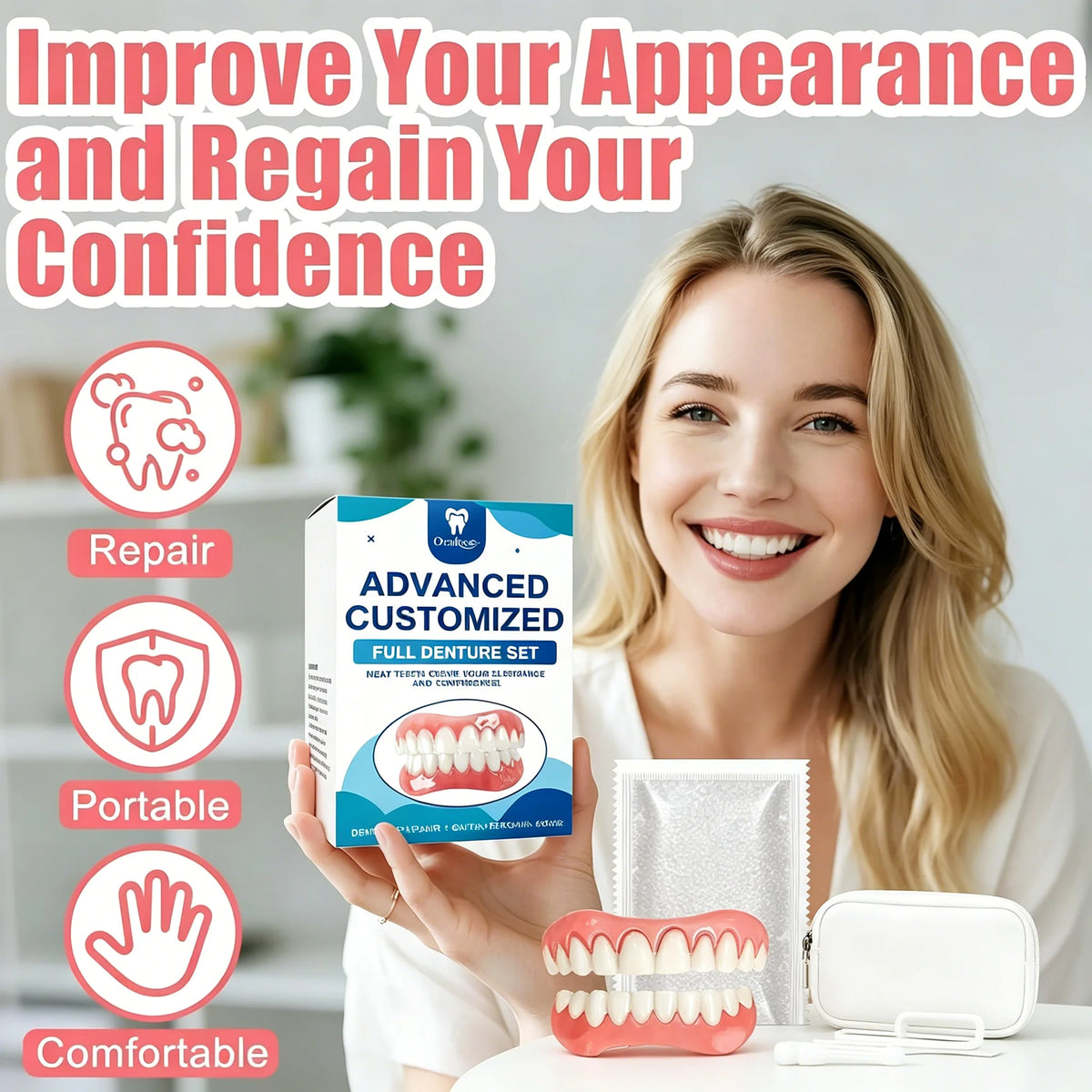Realistic Full Denture Set Comfortable False Teeth for Men and Women for Natural Confident Smiles
