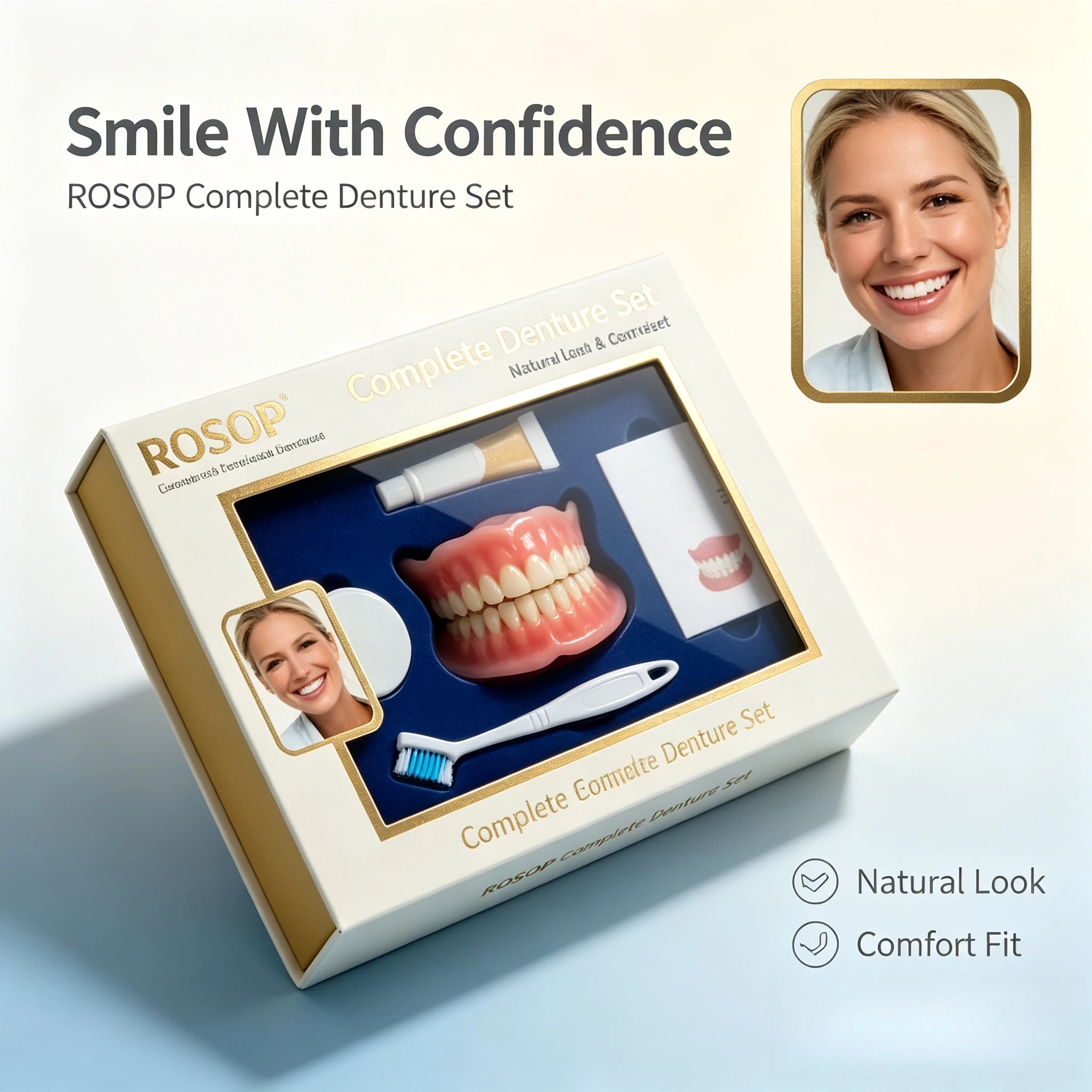 Silicone Complete Denture Set Natural Cosmetic False Teeth for Adults Daily Smile Makeover - 6