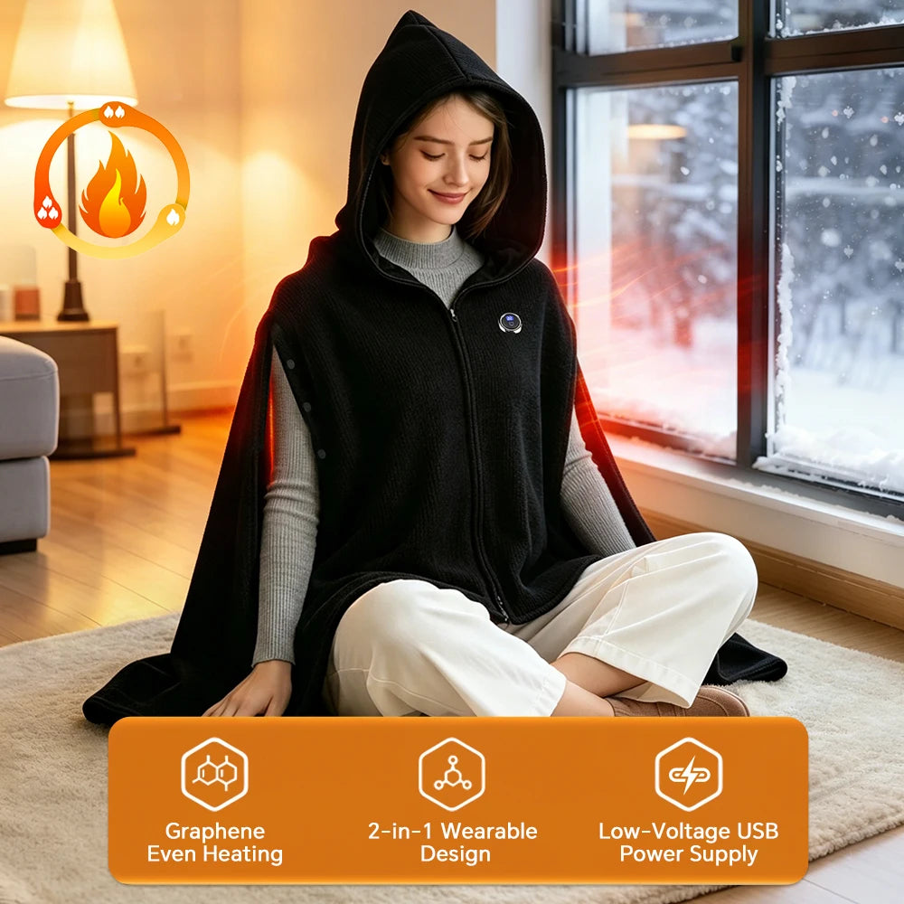 Wearable Graphene Heated Shawl Electric Warming Blanket for Home and Office Winter Comfort