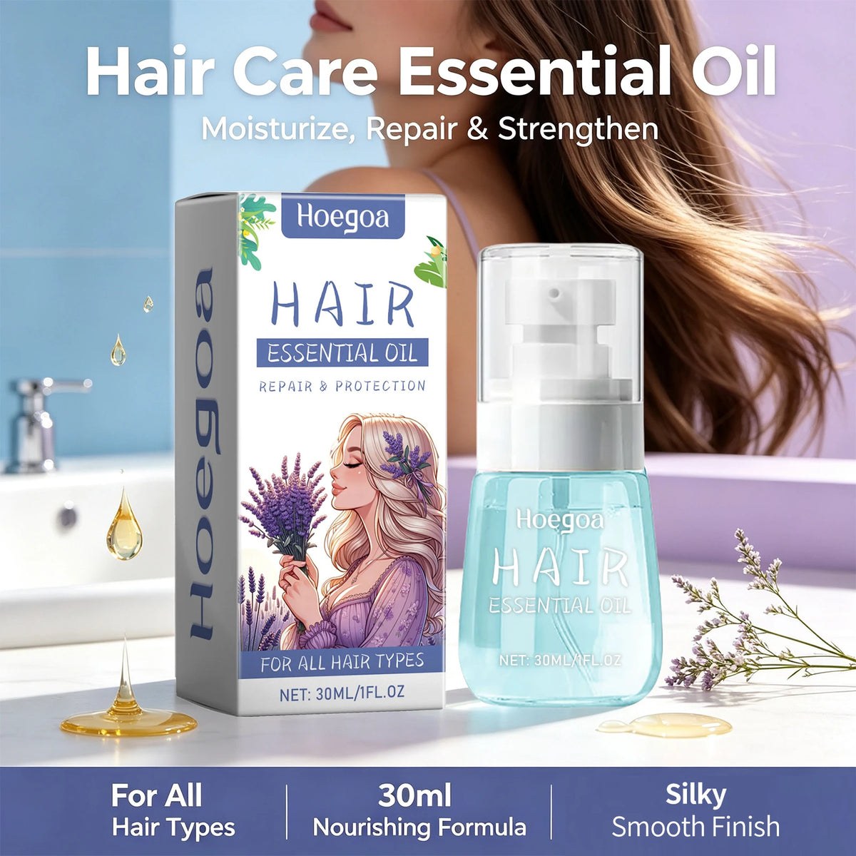 Lavender Hair Essential Oil Repair Anti Frizz Serum for Dry Damaged Hair and Healthy Scalp Roots