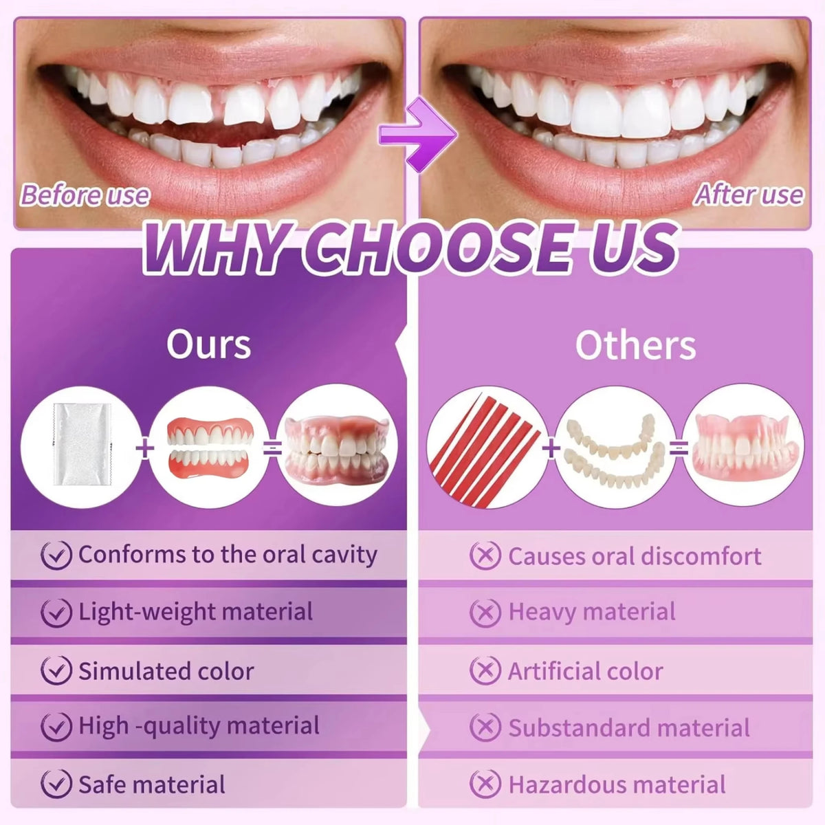 Silicone Dentures Full Set Instant Smile Cosmetic Teeth for Adults at Home or Daily Use