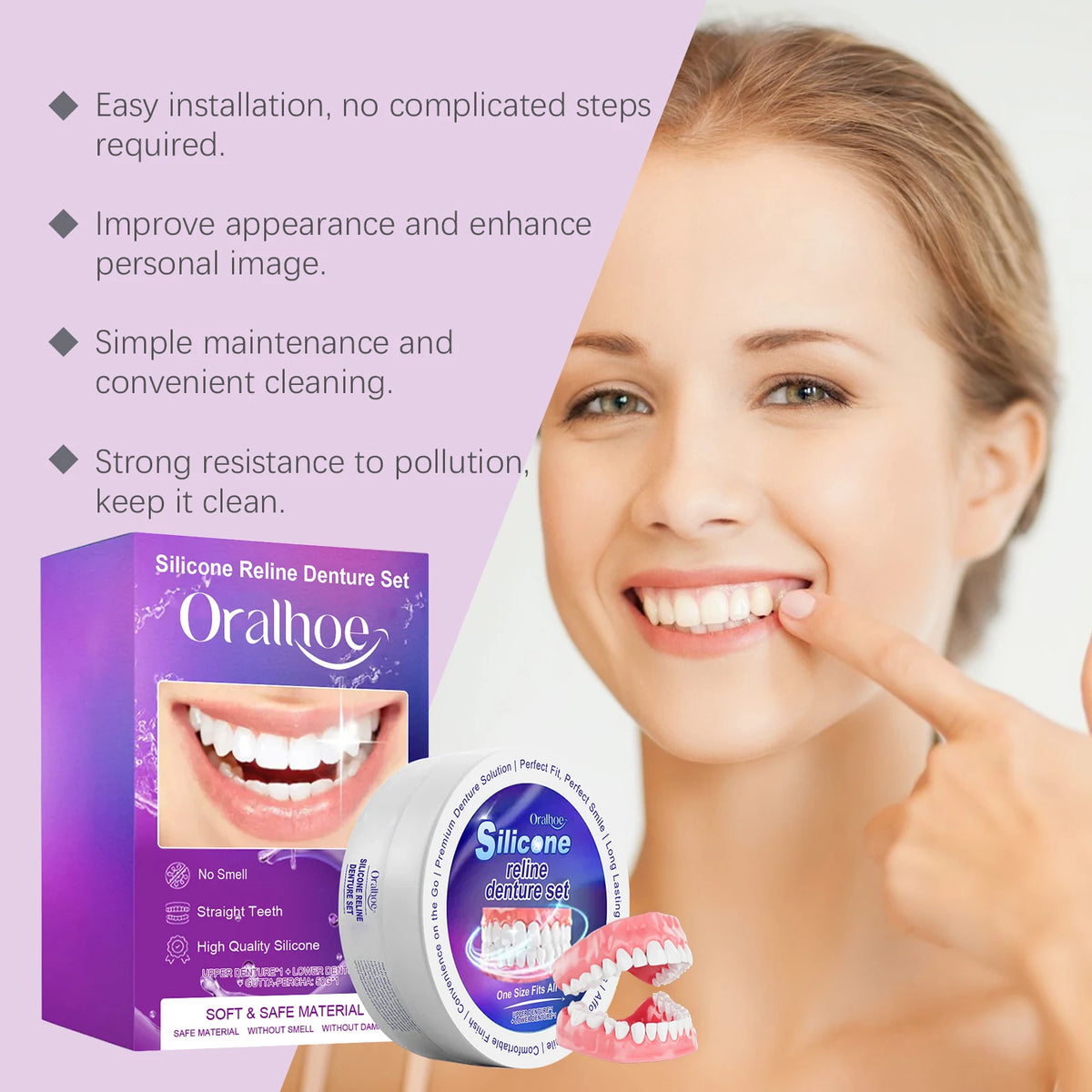 Silicone Reline Denture Set Comfortable Fit Natural Look for Daily Use at Home for Great Smile