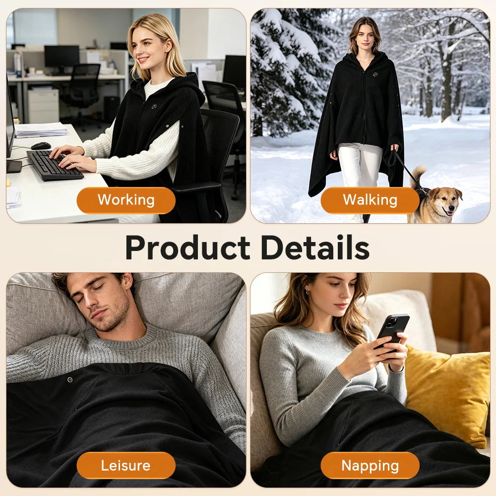 Wearable Graphene Heated Shawl Electric Warming Blanket for Home and Office Winter Comfort