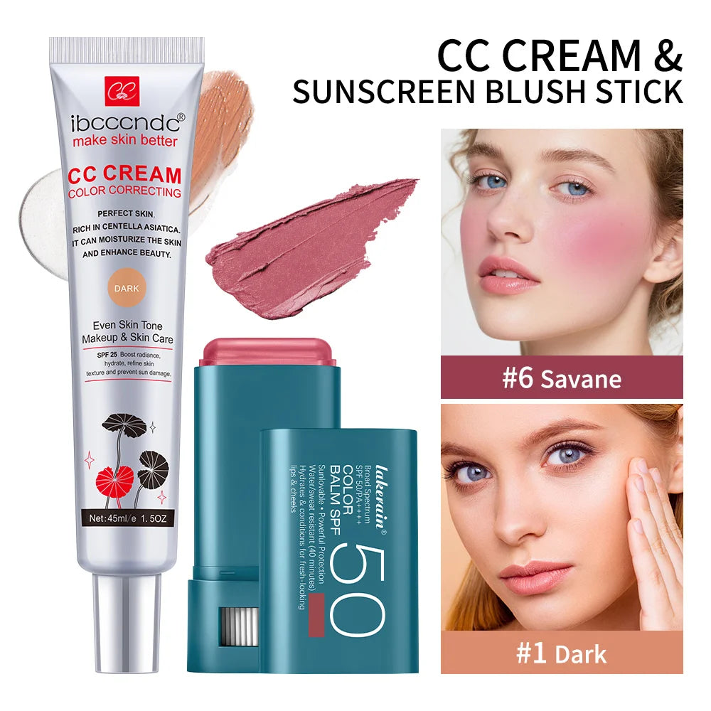 Color Correcting CC Cream and Sunscreen Blush Stick Set for Daily Face Makeup Routine