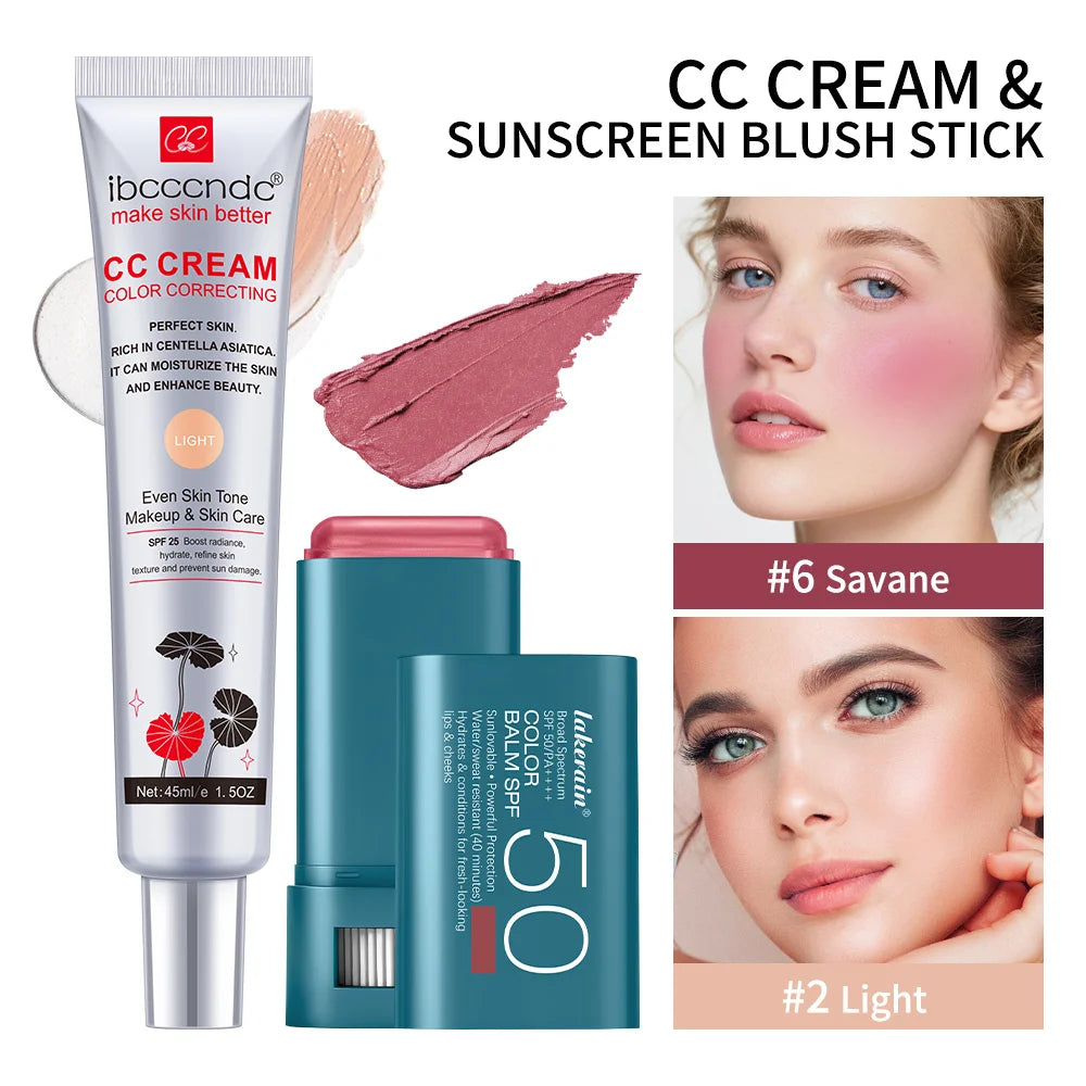 Color Correcting CC Cream and Sunscreen Blush Stick Set for Daily Face Makeup Routine