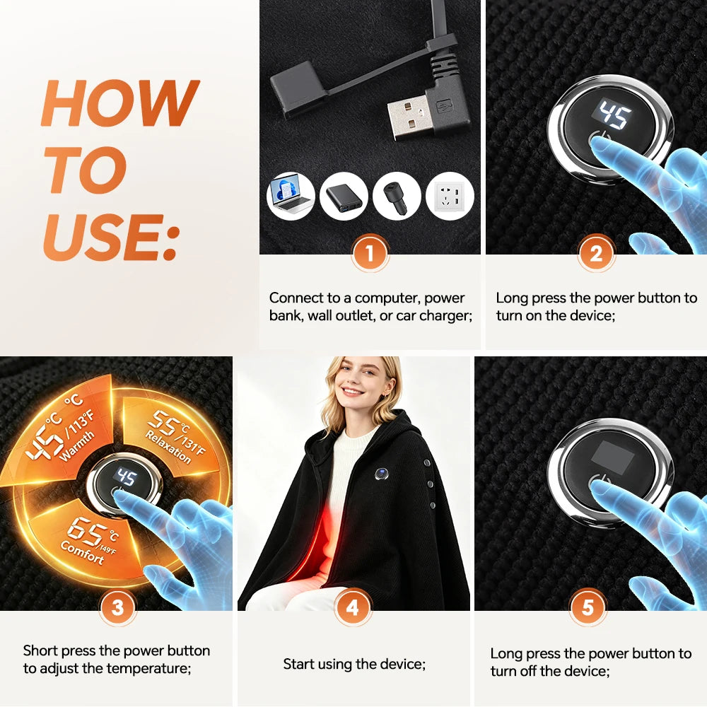 Wearable Graphene Heated Shawl Electric Warming Blanket for Home and Office Winter Comfort