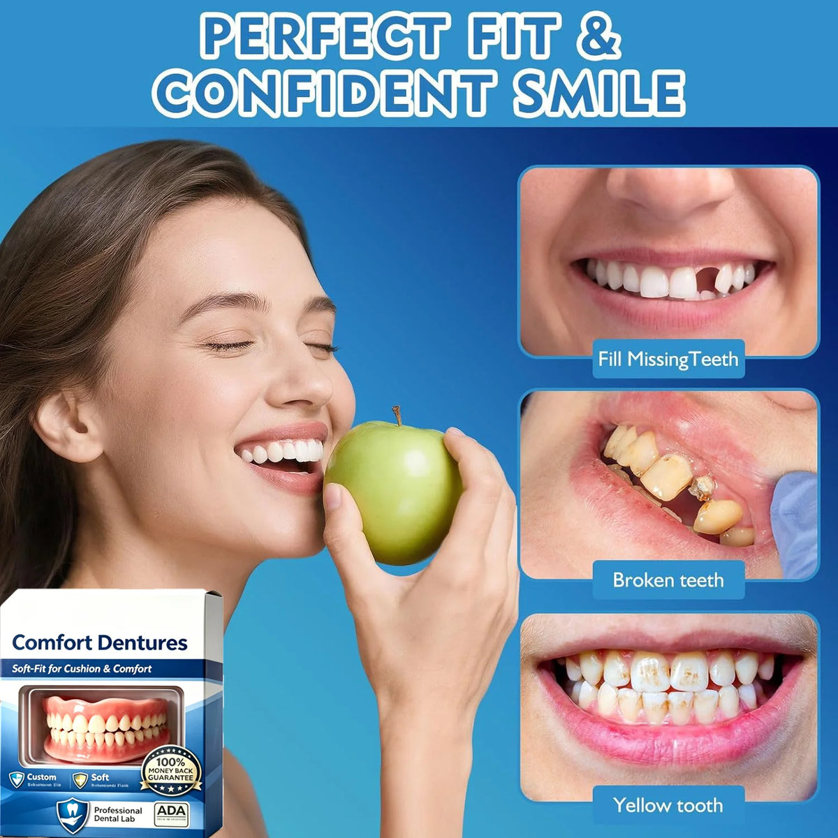 Soft Silicone Snap On Dentures Natural Teeth Instant Comfort Fit for Adults Everyday Use
