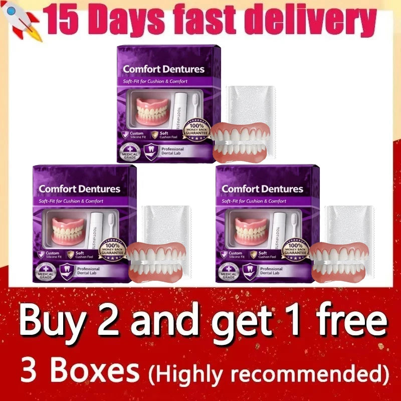 Silicone Dentures Natural Fake Teeth Soft Comfort Fit for Adults Looking for Instant Smiles