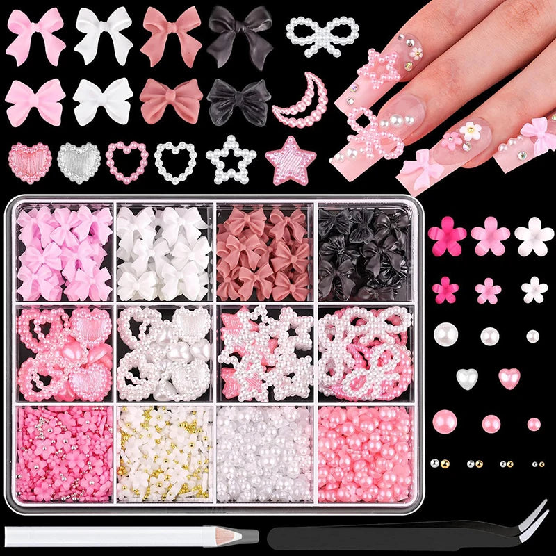 Acrylic Nail Art Charms with Bowknot Flowers for Manicure Design at Home Professional Salon