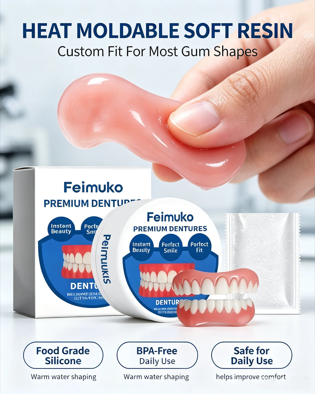 Silicone Snap On Dentures Natural Upper Lower Teeth for Instant Realistic Smile at Home
