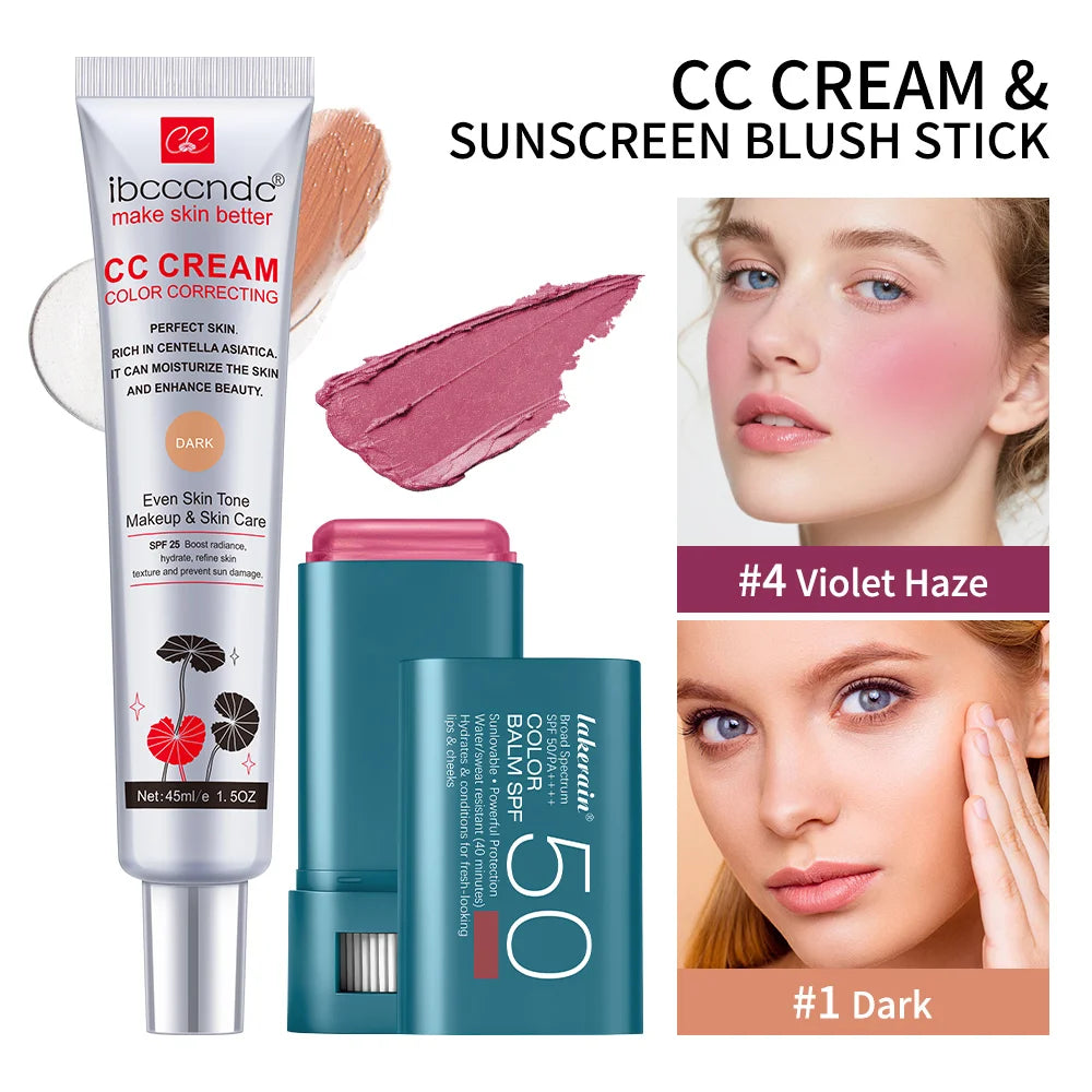 Color Correcting CC Cream and Sunscreen Blush Stick Set for Daily Face Makeup Routine