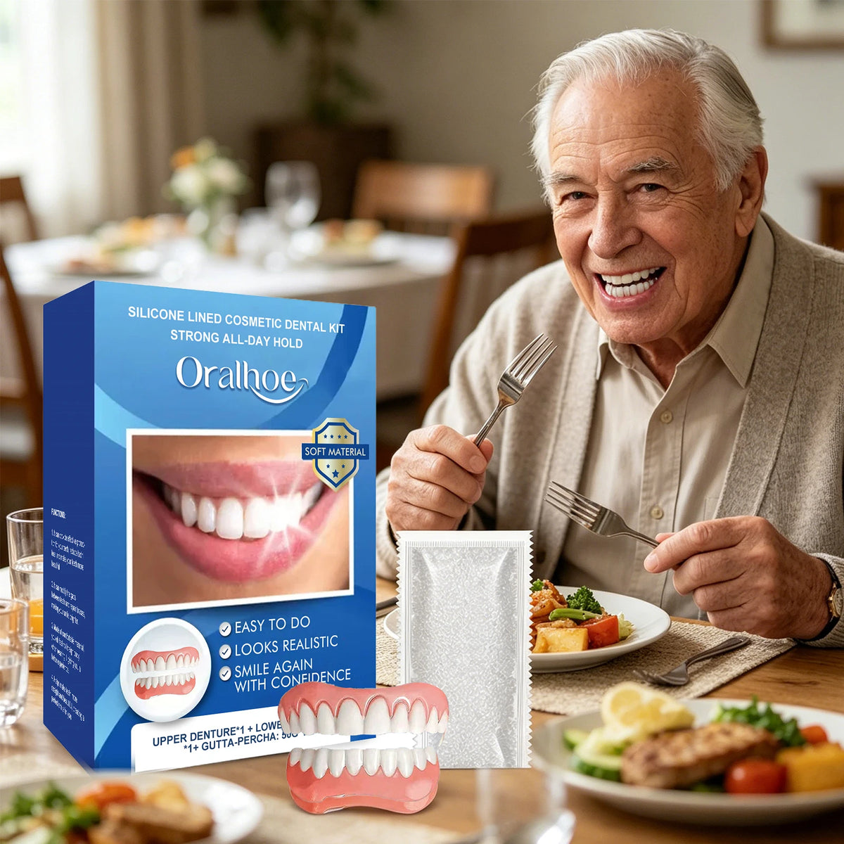 Natural Silicone Dentures Instant Comfort Fit Teeth for Men and Women for Confident Smile
