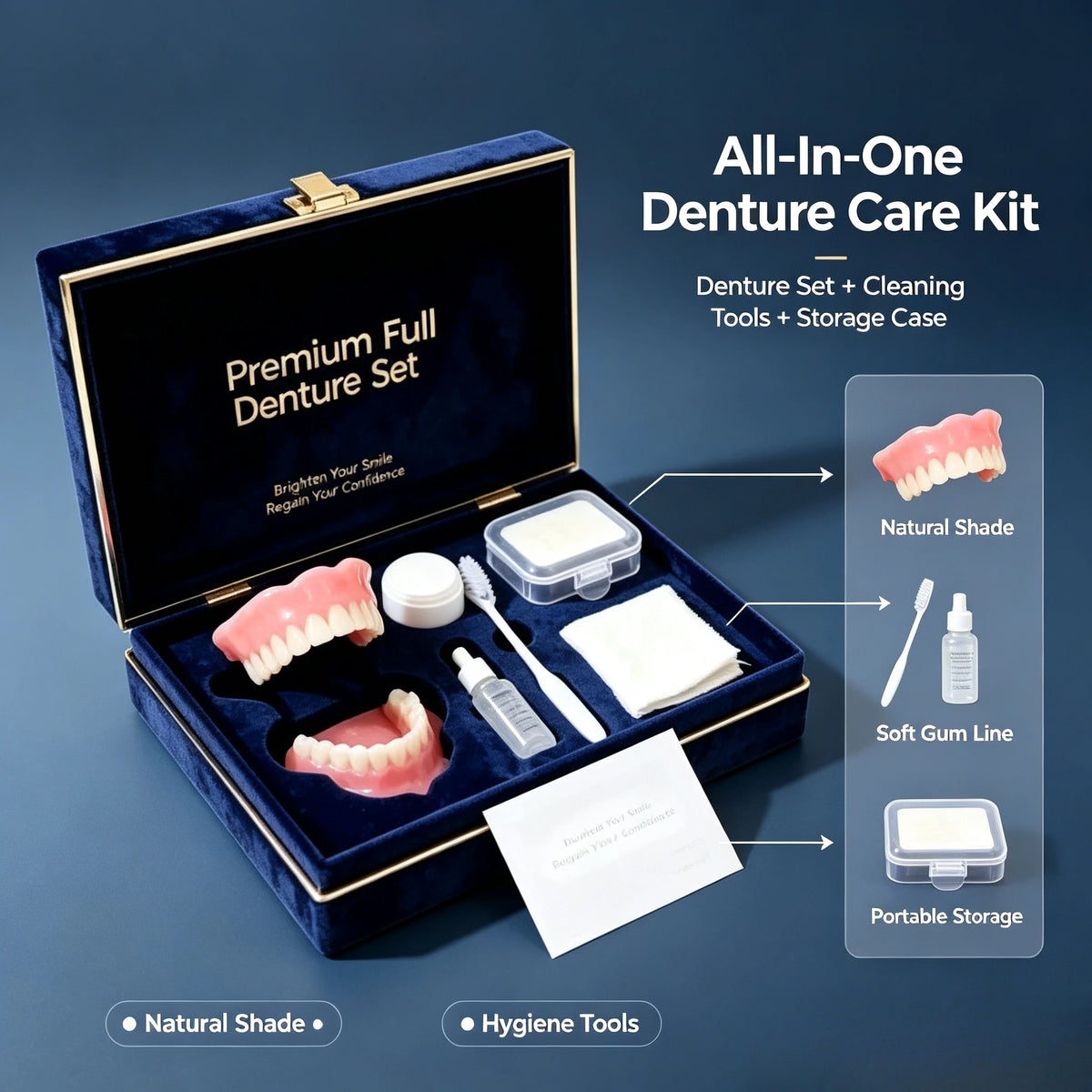 Full Mouth Denture Set Comfortable Silicone Teeth with Cleaning Tools for Daily Dental Hygiene