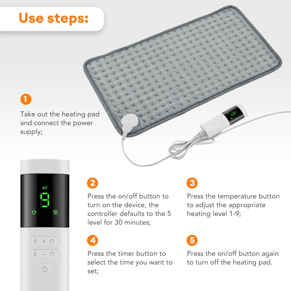 Electric Heating Pad 9 Heat Levels Digital Display for Back Pain Relief at Home Office