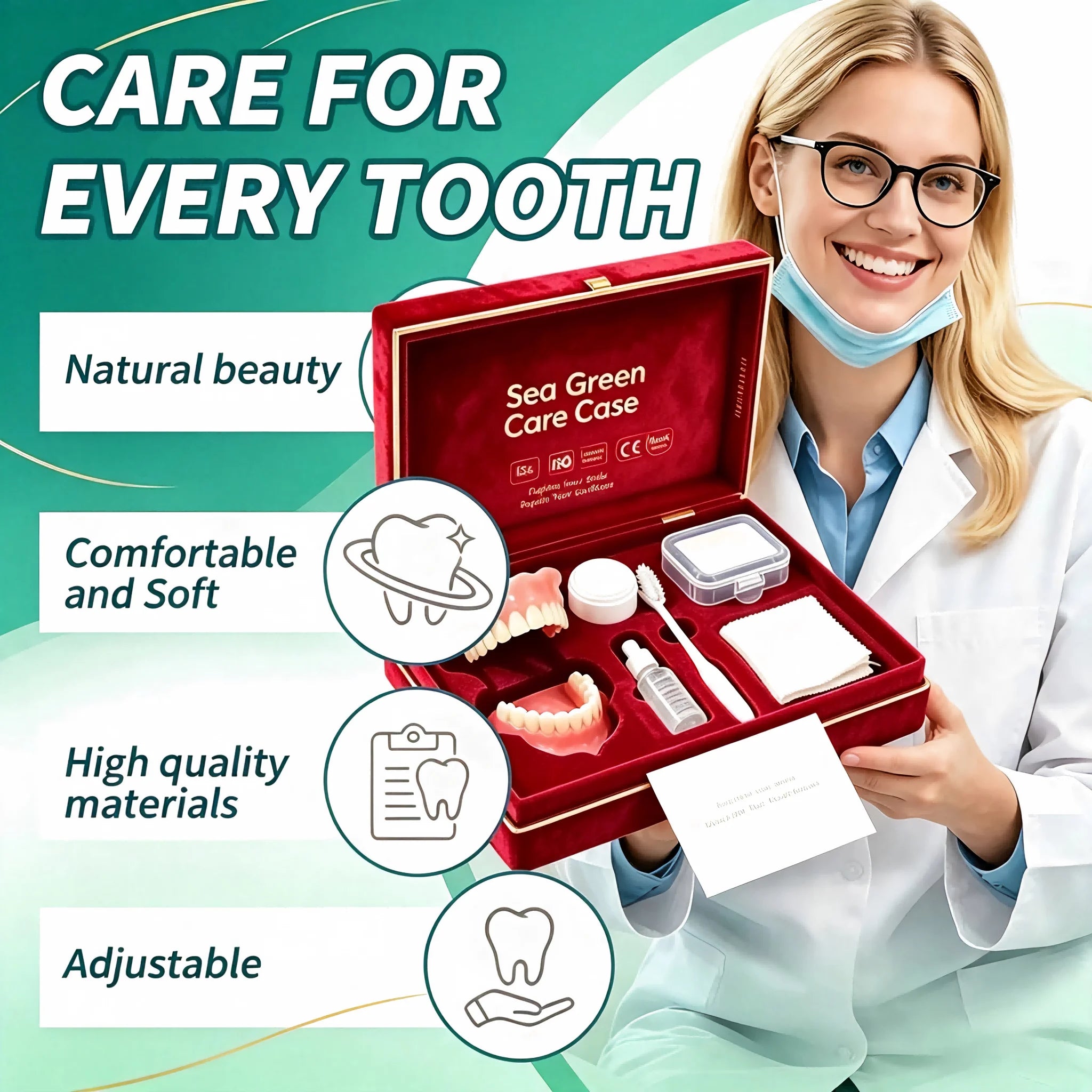 Full Mouth Denture Set with Storage Case Cleaning Tools for Comfortable Fit Daily Dental Care - 5