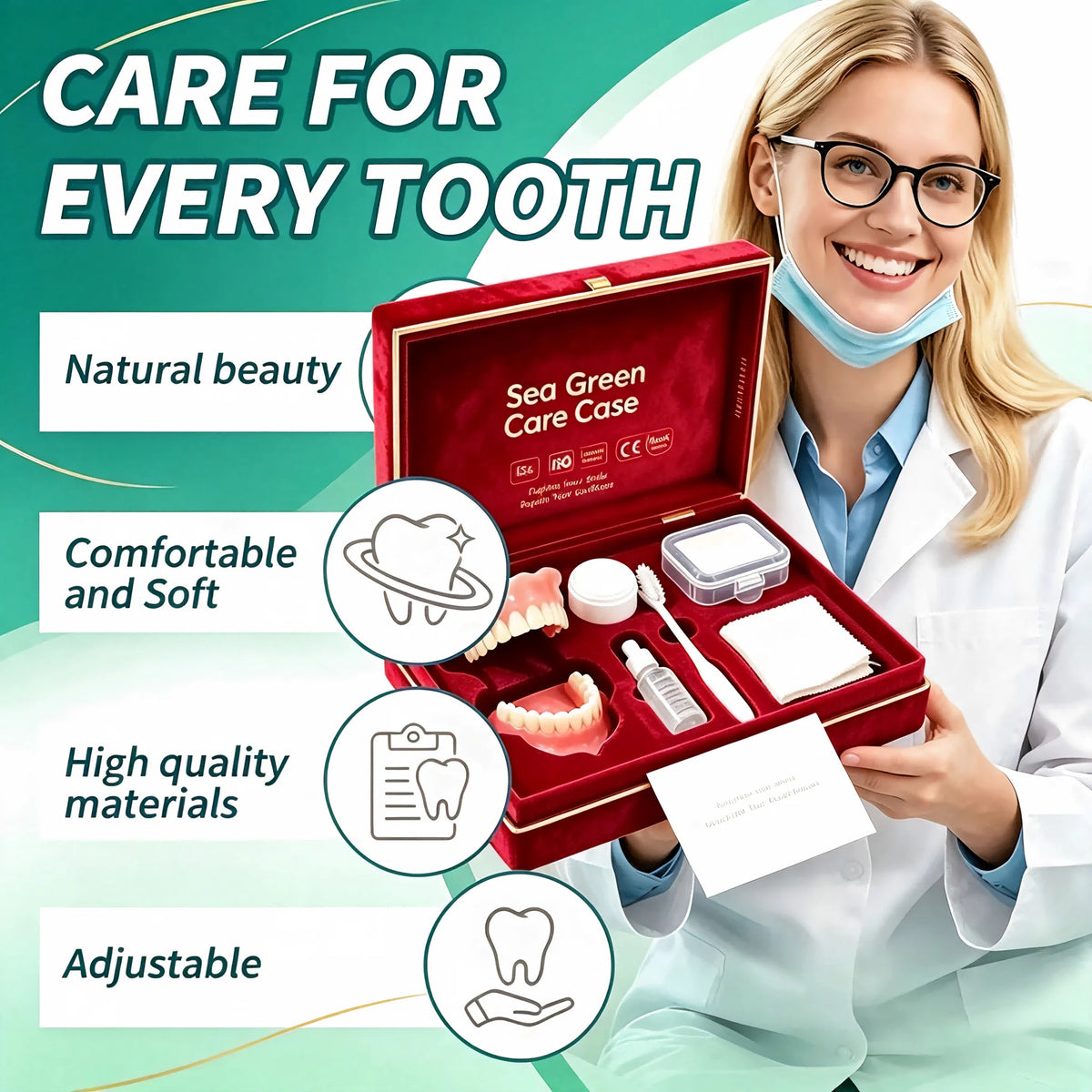 Full Mouth Denture Set with Storage Case Cleaning Tools for Comfortable Fit Daily Dental Care