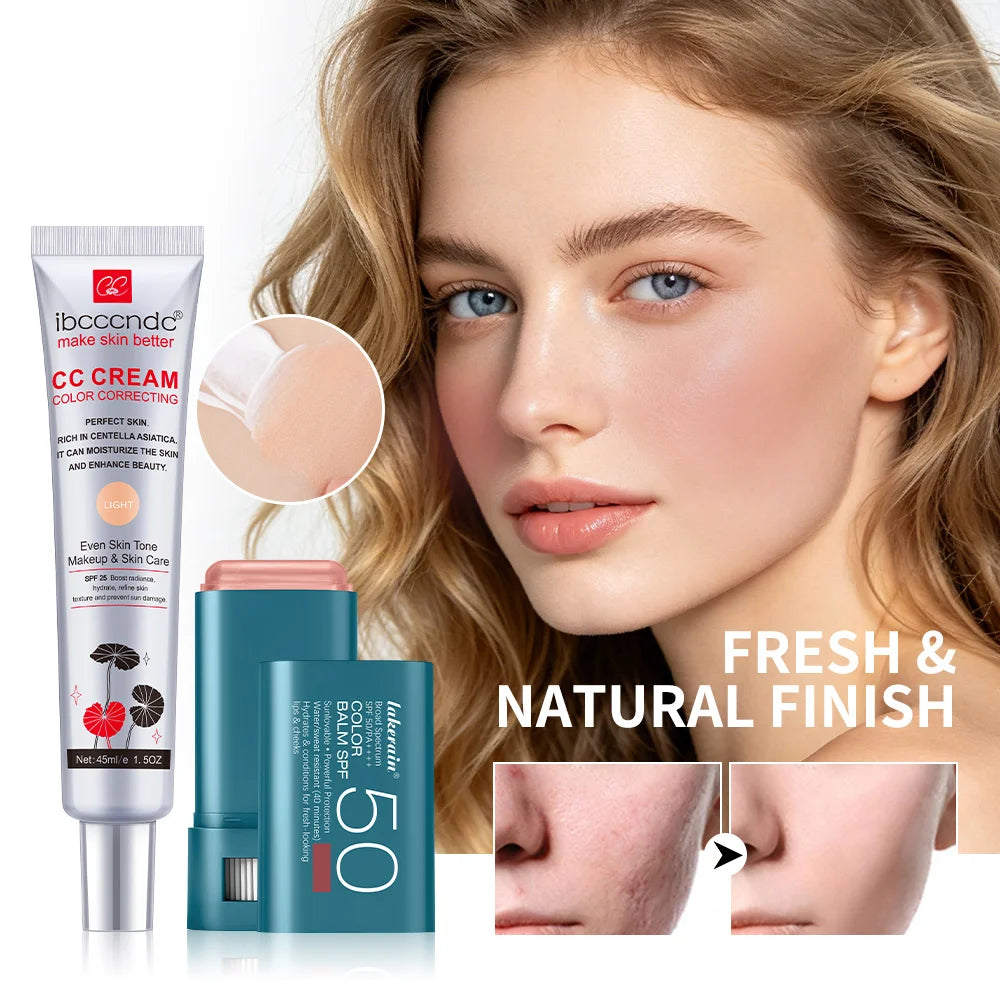 Color Correcting CC Cream and Sunscreen Blush Stick Set for Daily Face Makeup Routine